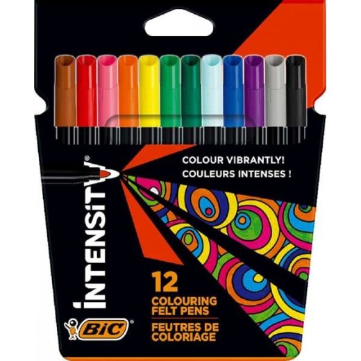 Bic Intensity Pack de 12 Rotuladores - Punta 0.9mm - Tinta con Base de Agua Lavable - Colores Surtidos