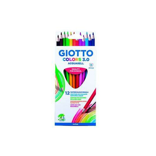 Giotto Colors Acquarell 3.0 Pack de 12 Lapices Triangulares de Colores Acuarelables - Mina 3 mm - Madera - Colores Surtidos