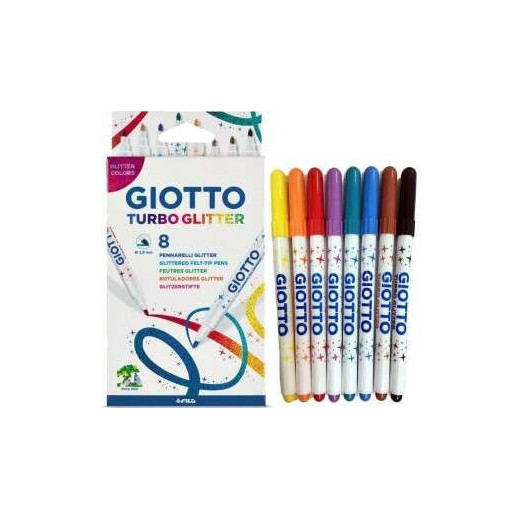 Giotto Turbo Glitter Pack de 8 Rotuladores - Punta Fina 2.8mm - Tinta al Agua - Lavable - Colores Surtidos