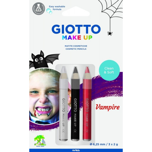 Giotto Make Up Vampire Pack con 3 Lapices Cosmeticos de Tematica Vampiro - Se Lava con Agua - Dermatologicamente Testado - Colores Surtidos