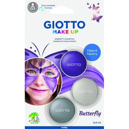 Giotto Make Up Butterfly Pack con 3 Maquillajes Faciales de Tematica Mariposa - Se Lava con Agua - Dermatologicamente Testado - Colores Surtidos