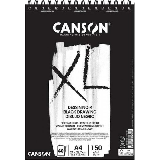 Canson XL Black Bloc de 40 Hojas A4 150g - Grano Fino - Espiral Microperforado - Color Negro