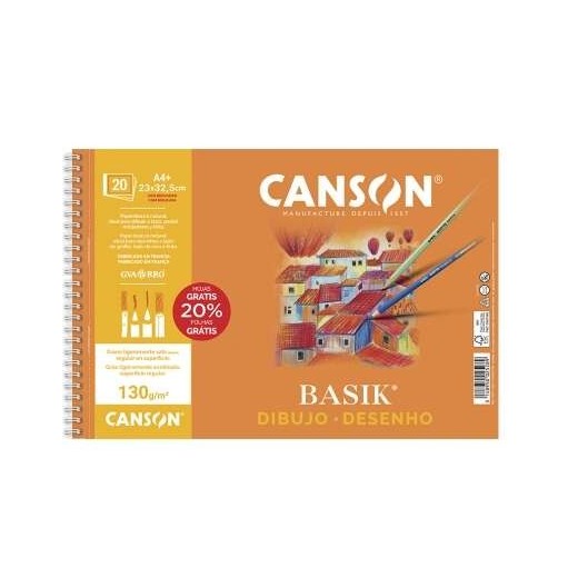 Canson Basik Cuaderno de Dibujo A4+ 20 Hojas Microperforadas 130g/m² - Sin Recuadro - Medidas 23x32.5cm - Color Blanco