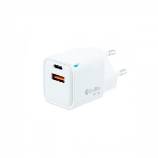 Coolbox Cargador de Pared 20W QC3.0 + PD - USB-A + USB-C - Carga Rapida - Tecnología GaN - Color Blanco