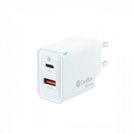 Coolbox Cargador de Pared 30W QC3.0 + PD - USB-A + USB-C - Carga Rapida - Tecnología GaN - Color Blanco