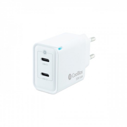 Coolbox Cargador de Pared 35W QC3.0 + PD - 2xUSB-C - Carga Rapida - Tecnología GaN - Color Blanco