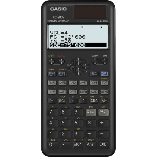 Casio FC200V Calculadora Financiera - Pantalla de 4 Lineas - Visualizacion de Varios Parametros al mismo Tiempo - Teclas de Acceso Directo Personalizables - Alimentacion con Pilas y Solar