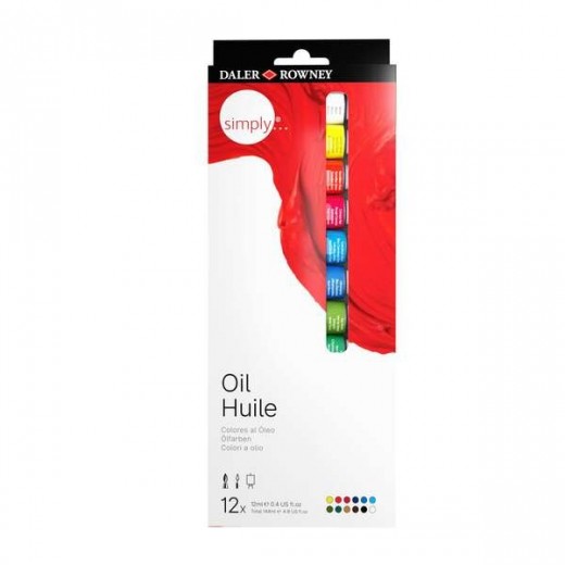 Daler Rowney Simply Pack de 12 Pinturas Oleo 12ml - Excelente Resistencia a la Luz - Colores Surtidos