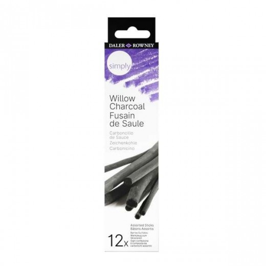 Daler Rowney Simply Charcoal Pack de 12 Carboncillos de Sauce - Marca Suave e Intensa - Ideal para Artistas y Aficionados