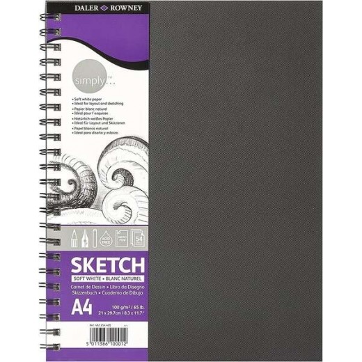 Daler Rowney Simply Cuaderno de Dibujo A4 100g/m2 - Cubierta Rigida con Encuadernacion en Espiral - Color Blanco