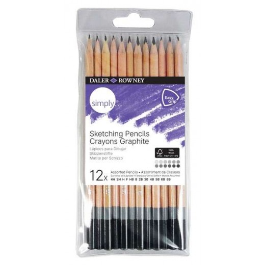 Daler Rowney Simply Pack de 12 Lapices de Grafito Redondos - Facil de Afilar - Para Estudiantes y Uso Personal - Minas Surtidas