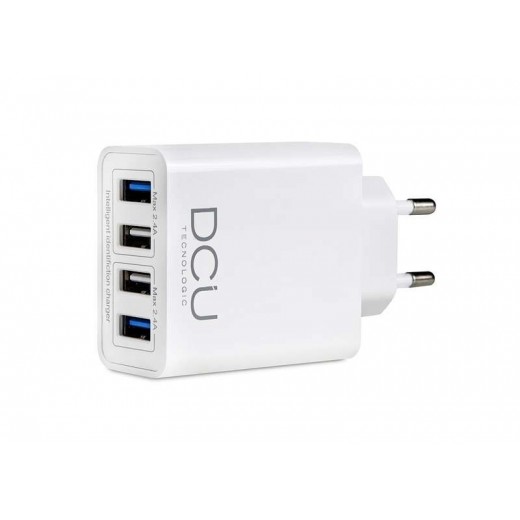 DCU Tecnologic Cargador Inteligente 4 Puertos USB - Carga Rapida para hasta 4 Dispositivos Simultaneamente - Color Blanco