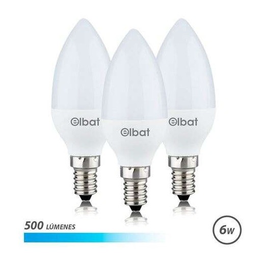 Elbat Bombillas LED C37 Pack de 3 - 6W - 500LM - Base E14 - Luz Fria - Ahorro Energetico - Blanco Frio