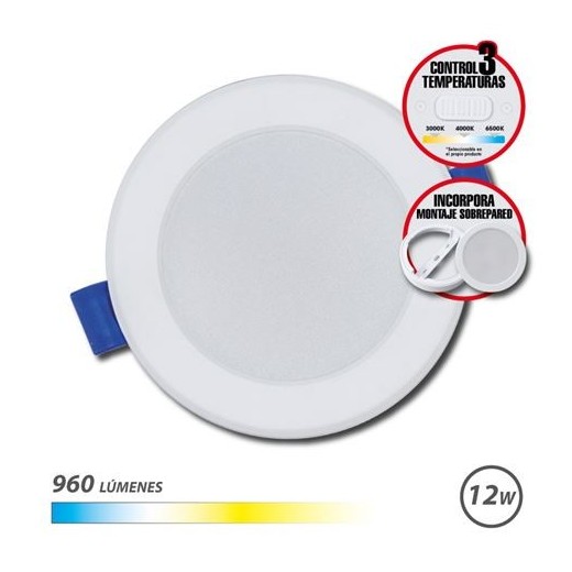 Elbat Downlight Circular 12W - 960Lm - Selector 3 Temperaturas + Sobrepared - Color Blanco