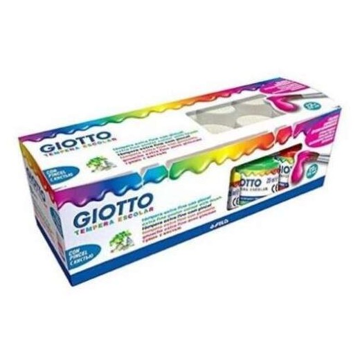 Giotto Tempera Pack de 12 Botes de 25 ml. + Pincel - Base Agua - Excelente Cobertura - Colores Surtidos