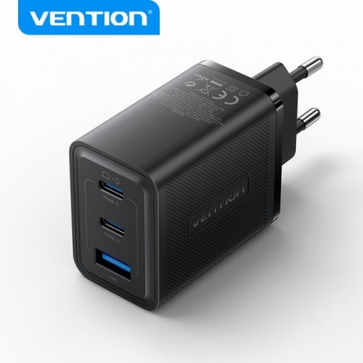 Vention Cargador de Pared GaN 3 Puertos USB (C + C + A) (65W/65W/30W) - EU - Color Negro