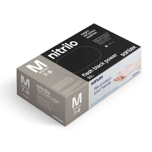 Santex Flash Black Power Pack de 50 Guantes de Nitrilo Talla M - Dibujo Diamante Texturizado - Sin Polvo - Libre de Latex - No Esteriles - Color Negro