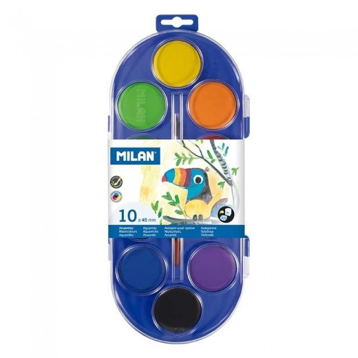 Milan 80009 Estuche de 10 Acuarelas Ø45 mm + Pincel  Serie 101 - Mezclable - Colores Surtidos