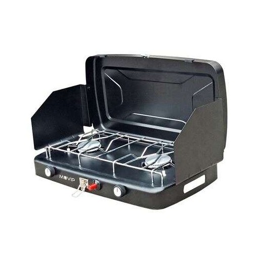 Muvip Cocina de Gas 2 Fuegos + Protectores Contra Viento - Protectores contra el Viento - Base Antideslizante - Color Negro