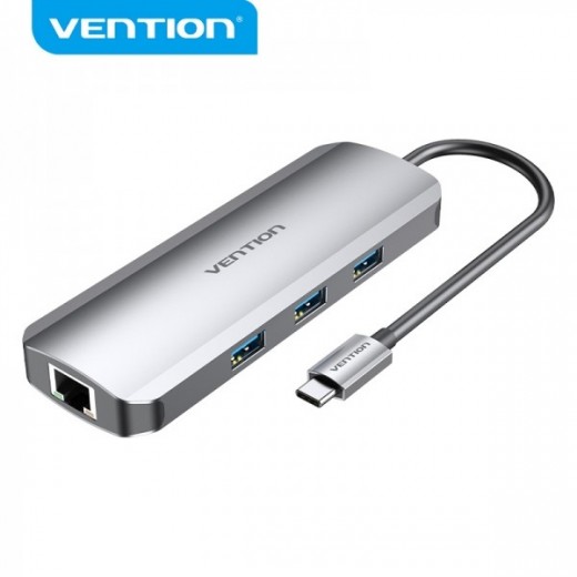 Vention Docking Station 9 en 1 USB-C a HDMI 4K/3xUSB3.0/RJ45/Lector SD/MicroSD/Jack Audio/PD100W - 0.15m - Color Gris