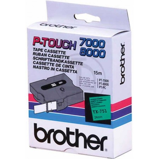 Brother TX751 Cinta Laminada Original de Etiquetas - Texto Negro sobre Fondo Verde - Ancho 24mm x 15 metros