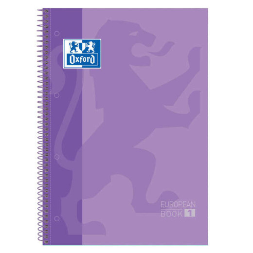 Oxford Europeanbook 1 Cuaderno Espiral Formato A4+ Cuadriculado 5x5mm - 80 Hojas - Banda de Color - Tapa Extradura Brillante - Color Malva