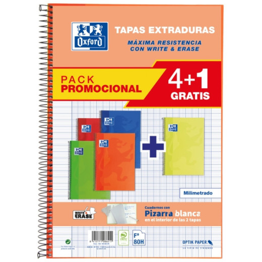 Oxford School Classic Write&Erase Pack 4+1 Fº - Cuaderno Espiral Tapa Extradura - Milimetrado con Margen - 80 Hojas - Colores Surtidos