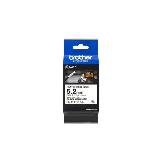 Brother HSE211E Cinta Tubo Termorretractil Original de Etiquetas para Cables - Texto negro sobre fondo blanco - Ancho 5.2mm x 1.5 metros - Cable recomendado Ø 0.8mm a 3.1mm