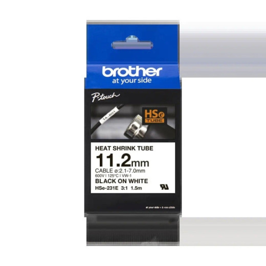 Brother HSe231E Cinta Tubo Termorretractil Original de Etiquetas para Cables - Texto negro sobre fondo blanco - Ancho 11.2mm x 1.5 metros - Cable recomendado Ø 2.1mm a 7.0mm