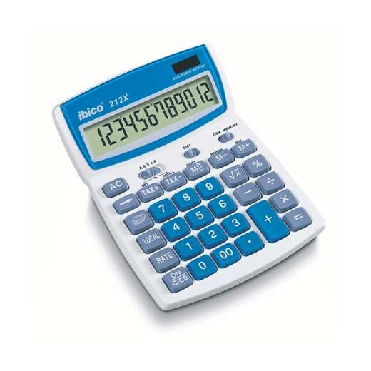 Ibico 212X Calculadora de Sobremesa Pantalla LCD de 12 Digitos Inclinable - Teclas de Relieve - Funcion Impuestos y Redondeo - Color Blanco/Azul/Gris