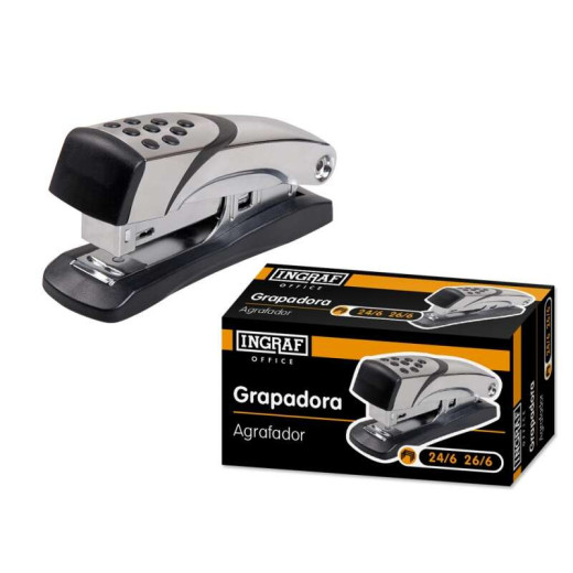 Ingraf N4 Grapadora Metalica - Cuerpo Metalico con Adornos en Plastico - Recubrimiento de Goma Antideslizante - Compatible con Grapas 24/6 y 26/6 - Color Gris