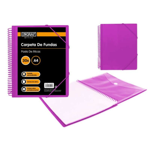 Ingraf Carpeta 30 Fundas A4 + Sobre con Broche - Espiral Plastica Indeformable - Apertura 360 Grados - Portada Personalizable - Color Morado