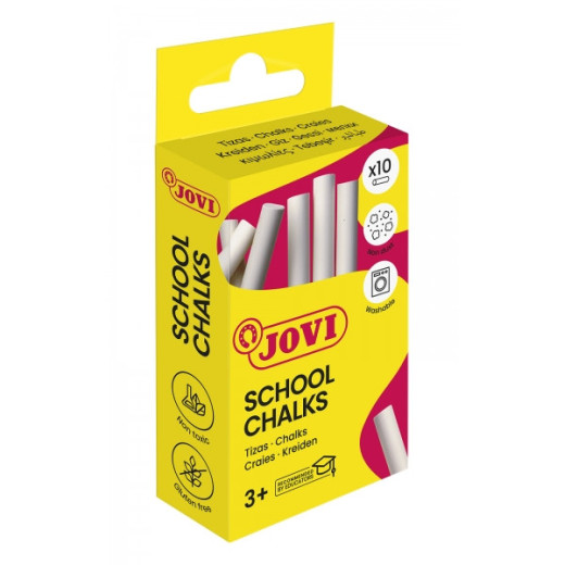 Jovi School Chalks Caja con 10 Tizas Blancas - Compactas - sin Polvo - Materias Primas Naturales - Trazos Nitidos - Faciles de Borrar - Muy Resistentes - Poco Resto de Polvo - Color Blanco