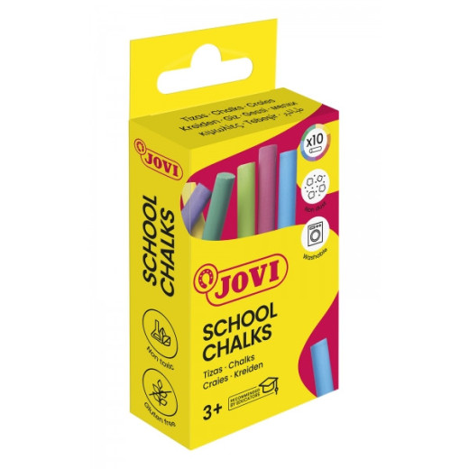 Jovi School Chalks Caja de 10 Tizas - Compactas - sin Polvo - Materias Primas Naturales - Trazos Nitidos - Faciles de Borrar - Resistentes - Poco Resto de Polvo - Color Surtido