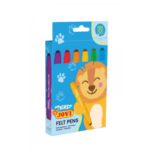 Jovi My First Felt Pen Estuche de 6 Rotuladores - Tinta Super Lavable - Tamaño Ideal para Manos Pequeñas - Punta Antihundimiento - Trazo Constante - Color Surtido
