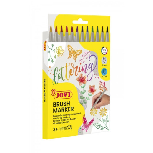 Jovi Felt Pens Estuche de 12 Rotuladores Punta Pincel - Punta Suave y Flexible - Trazos Finos y Gruesos - Tinta Base Agua - Ideal para Lettering - Color Surtido