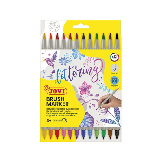 Jovi Felt Pens Estuche de 12 Rotuladores Doble Punta Pincel - Punta Fina y Flexible - Tinta Base Agua - Ideal para Lettering - Color Surtido