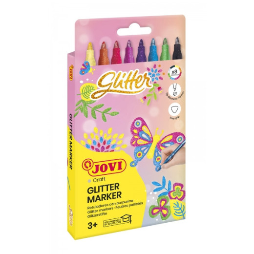 Jovi Glitter Marker Caja con 8 Rotuladores Efecto Purpurina - Tinta Base Agua - Grip Triangular Ergonomico - Punta Resistente - Tapon de Seguridad - Trazo Homogeneo - Color Surtido