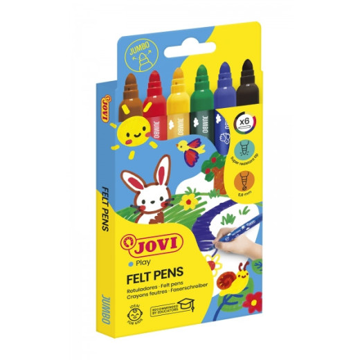 Jovi Felt Pens Estuche de 6 Rotuladores Jumbo - Tinta de Gran Fijacion - Punta Resistente - Grip Ergonomico - Capuchon Ventilado - Trazo Homogeneo - Color Surtido