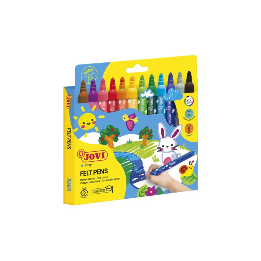 Jovi Felt Pens Estuche de 12 Rotuladores Jumbo - Tinta de Gran Fijacion - Punta de 3mm - Capuchon de Seguridad Ventilado - Grip Triangular Ergonomico - Trazo Homogeneo E Intenso - Color Surtido