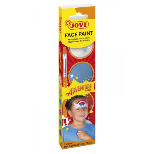 Jovi Adventure Estuche de 3 Botes 8ml Maquillaje Crema + Accesorios - Hipoalergenico - Facil Aplicacion - Base Grasa - Elimina sin Agua - Incluye Esponja y Pincel - Color Surtido