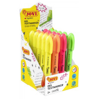 Jovi Gel Textmarker Expositor con 20 Marcadores de Texto - Colores Fluorescentes - No Necesitan Punta - Deslizamiento Suave - No Traspasan - Secado Rapido - Aptos para Luz Negra - Color Surtido