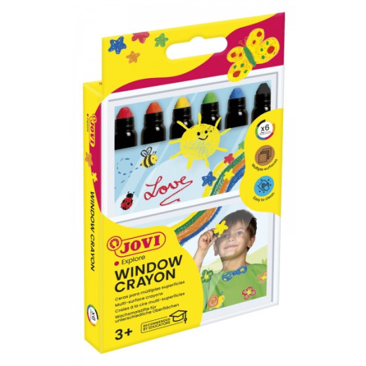 Jovi Glass Estuche de 6 Ceras en Stick - Cera Blanda con Giro Elevador - Base Agua - Faciles de Aplicar - para Superficies No Porosas - No Manchan - Gran Capacidad Cubriente - Color Surtido