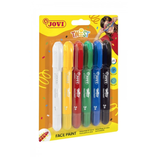 Jovi Twist Pack de 6 Stick Pintura de Cara - Base Agua - Gran Cobertura - Seca Rapido - Facil de Retirar - Hipoalergenico - Colores Surtidos