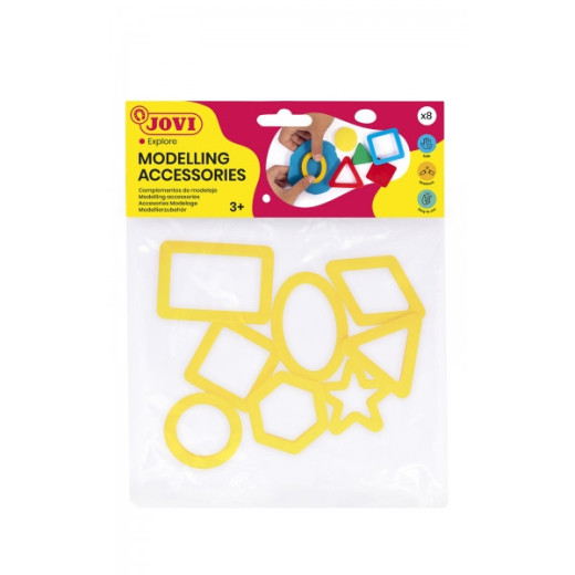 Jovi Bolsa Colgable con 8 Moldes de Corte Figuras Geometricas - Moldes de Plastico para Plastilina - Facil de Usar - Duraderos - Diseño Educativo - Color Amarillo