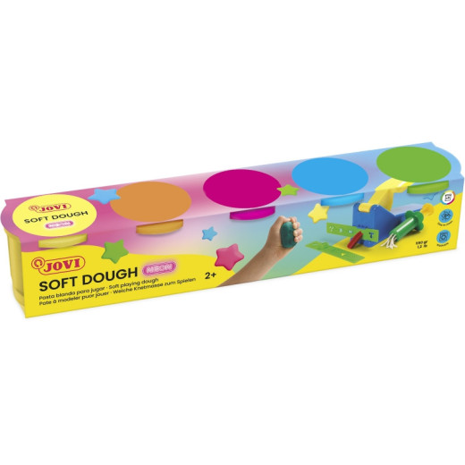 Jovi Soft Dough Estuche de 5 Botes Colores Neon - Blanda y Flexible - Facil de Amasar y Moldear - Ideal para Iniciacion al Modelaje - Fomenta Creatividad y Motricidad Fina - Color Surtido