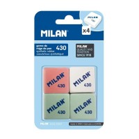 Milan 430 Pack de 4 Gomas de Borrar Cuadradas - Miga de Pan - Suave Caucho Sintetico - Colores Surtidos