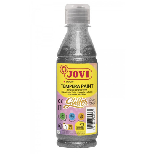 Jovi Glitter Tempera Liquida Base Agua 250ml - Particulas de Purpurina - Excelente Rendimiento - Secado Rapido - Fluidez Optima - Adherencia en Multiples Superficies - Color Plata