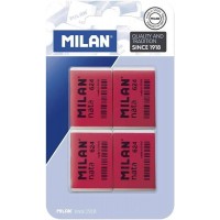 Milan Nata 624 Pack de 4 Gomas de Borrar Rectangulares - Plastico - Suave - No Abrasiva - Color Rojo/Blanco