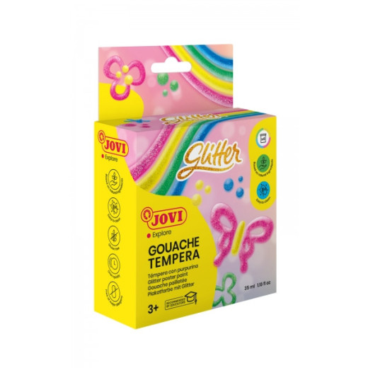 Jovi Glitter Gouache Estuche de 4 Botes de Tempera 35ml - Tempera Liquida Base Agua - Particulas de Purpurina - Excelente Rendimiento - Secado Rapido - Facil Aplicacion  - Color Surtido